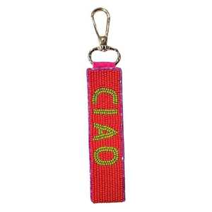 Porte-monnaie en toile tissée perlée Ciao, porte-clés avec perles de verre rondes alphabet rouge et vert, mousqueton, style classique, léger - Product Image 1