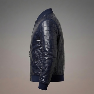 Blouson Bomber Unisexe en Cuir de Crocodile Gaufré de Qualité Supérieure, Personnalisable avec Impression au Dos, Style Streetwear, Fermeture Éclair Formelle, OEM - Product Image 4