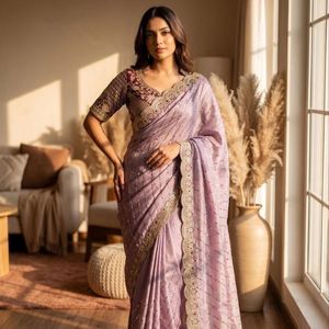 Premium Space Silk Bead Sequins Zari Embroidered Designer <b>Saree</b> with Heavy <b>Stitched</b> Blouse Wholesale Rate By Royal Export - Product Image 3