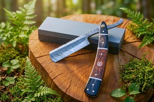 Damascus Steel Sheepsfoot Knife Wood Handle Straight Edge Thumb Knob Folding <b>Camping</b> Knife 8" In Overall Length - Product Image 2