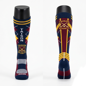 Men Field Hockey Sports <b>Socks</b> Premium 220 GSM Moisture Wicking Polyester Nylon Fabric Blue Maroon Panel Build Custom Woven Logo - Product Image 5