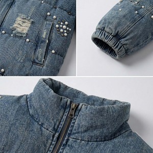 Chaqueta Acolchada Estilo Bomber Vintage de Otoño con Cuentas de Perlas y Tachuelas Metálicas, Cuello Alto, Estilo Casual y Urbano - Product Image 4