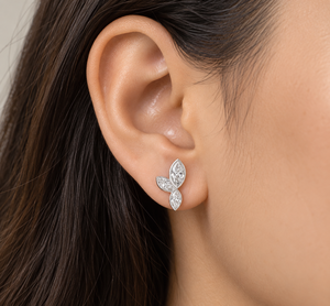 Pendientes de tuerca con tres diamantes cultivados en laboratorio de corte marquesa en forma de hoja, oro de 10K, 14K, 18K, plata 925, 935, regalo de lujo para bodas y fiestas - Product Image 2