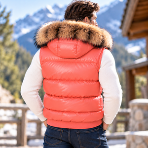 Herren Maßgefertigte Leder-Pufferweste mit Fuchspelz-Kapuze |   Herren Maßgefertigte Lederweste mit Fuchspelzkapuze |   Herren-Lederweste - Product Image 5