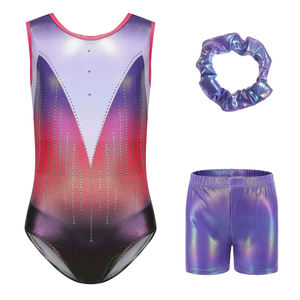 Girls Gradient Tank <b>Leotard</b> <b>with</b> <b>Shorts</b> Scrunchie Set Sleeveless <b>Gymnastics</b> Dance Outfit Pink Purple Rhinestone Decorated V-neck - Product Image 5