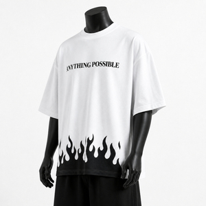 <b>White</b> Oversized Graphic <b>T</b> <b>Shirt</b> Loose Drop Shoulder Crew Neck Letter Print Flame Hem Tee - Product Image 3