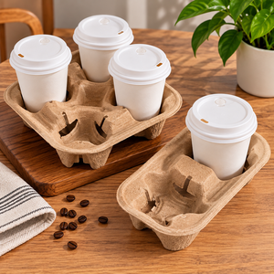 Plateau porte-gobelets en papier kraft EcoRev à double paroi jetable pour boissons chaudes, emballage à emporter pour café - Product Image 2