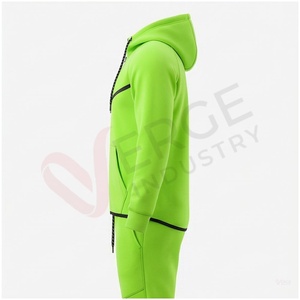 Chándal con Capucha para Hombre, Color Verde Lima, Manga Larga, Cierre Frontal con Cremallera, Color Sólido, Transpirable, Deportivo, Corte Regular, Ropa de Otoño - Product Image 3