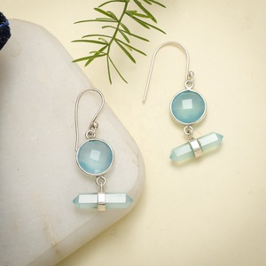 925 Sterling <b>Silver</b> Aqua Chalcedony Gemstone Dangle <b>Earrings</b> with Hexagonal Crystal <b>Drop</b> Handmade <b>Earrings</b> - Product Image 4