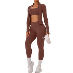 Ensemble de yoga deux pièces marron : Leggings taille haute, soutien-gorge de sport dos nageur, haut court sans couture pleine longueur – Tenue de sport - Product Image 4