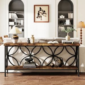 Table console à 2 niveaux en bois d'acacia massif naturel de luxe avec cadre métallique circulaire décoratif pour entrée et salon - Product Image 4