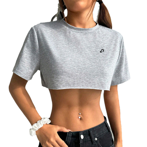 Women Crop <b>Top</b> Gray Short Sleeve Tee Custom Logo Summer Casual Apparel Women's Shirts 100% Cotton Blank Gym Cropped T-Shirt OEM - Product Image 1