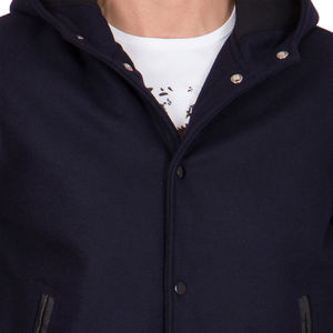 Chaqueta Varsity Azul Marino para Hombre, Mangas de Cuero Sintético Negro, Chaqueta Bomber con Capucha, Chaqueta Letterman, Ropa de Abrigo Informal para Invierno, Abrigo Elegante - Product Image 4