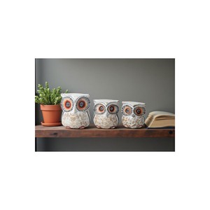 Ensemble de 3 figurines d'hiboux en céramique artisanales Aqdus Saleem, style rustique, écologiques, blanchis à la chaux, décoration d'intérieur, Moradabad - Product Image 1