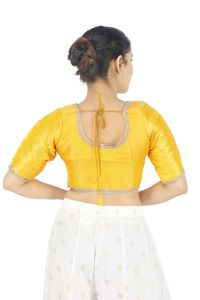 <b>Yellow</b> Embroidered Daily Solid Silk <b>Crop</b> <b>Top</b> Blouse Woven Scoop Neck Short Sleeve Festive Women's Wedding Blouse - Product Image 3