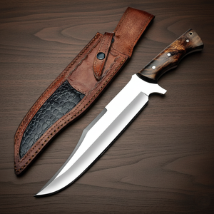 Couteau de chasse Bowie de survie en plein air DIY OEM de haute qualité, lame en acier Damas, pointe clip, manche en bois, 18 pouces - Product Image 3