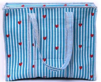Sac fourre-tout matelassé à rayures bleues avec cœur, sac fourre-tout en coton fait main, sac de shopping mignon à imprimé cœur, sac de voyage léger