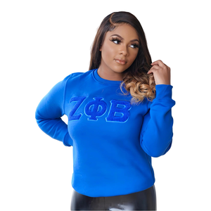 OEM Solid Color Zeta Phi Beta Chenille Sweatshirt Cotton <b>Fleece</b> Embroidered Sorority Apparel <b>Blue</b> Crewneck Pullover for <b>Women</b> - Product Image 1