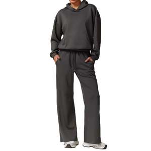 Ensemble de survêtement d'hiver pour femmes grande taille, couleur unie, sweat-shirt 100% coton avec pantalon de jogging deux pièces - Product Image 2