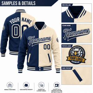 Chaqueta Universitaria para Hombre SINEWY, Color Azul Marino y Crema, Bloques de Color, Nombre y Número del Equipo Personalizados, Estilo Preppy, Cuello Camisero, Material de Poliéster - Product Image 6