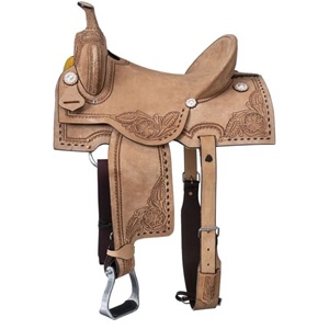 Selle de cheval Western en cuir de qualité supérieure, personnalisée OEM, avec bordure florale en cuir brut travaillé à la main, pour la course de baril, pour enfants et adultes - Product Image 3