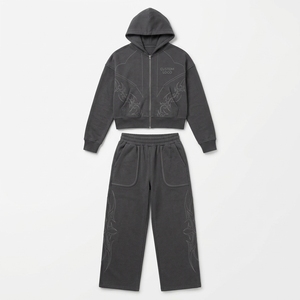Vintage Washed Charcoal <b>Cropped</b> <b>Zip</b> <b>Up</b> Hoodie And Wide Leg Sweatpants Set Embroidered Y2K Streetwear Tracksuit - Product Image 2