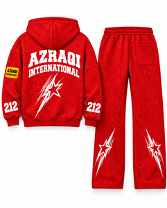 ชุดเซ็ตเสื้อฮู้ดมีซิปสีแดงลายกราฟิกสำหรับผู้ชาย กางเกงจ็อกเกอร์ สตรีทแวร์ ชุดสองชิ้น ขายส่งจากโรงงานผลิตเสื้อผ้า - Product Image 2