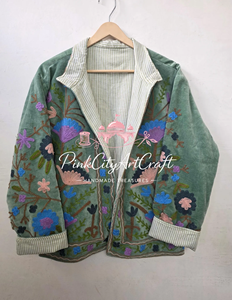 Handcrafted Sage Green Velvet Quilted Kimono <b>Jacket</b> Kashmiri Suzani Embroidered Winter Coat Elegant Premium Velvet <b>Blazer</b> - Product Image 3