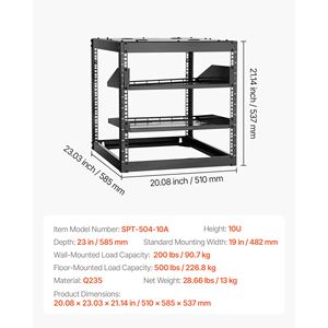 Rack di Rete a 4 Montanti 10U per Carichi Pesanti, Profondità 23 Pollici, Montaggio a Parete o a Pavimento, con Ripiani Ventilati per Data Center - Product Image 5
