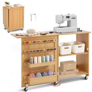 Tavolo Compatto Multifunzione in Legno per Macchina da Cucire con Design Pieghevole, Ripiani, Vassoi Portaoggetti e Pioli in Legno - Product Image 1