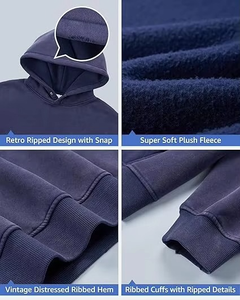 Sudadera con Capucha Azul Marino para Hombre, Corte Holgado, Color Sólido, Informal, Tejida, Manga Larga, con Bolsillos, para Otoño - Product Image 6
