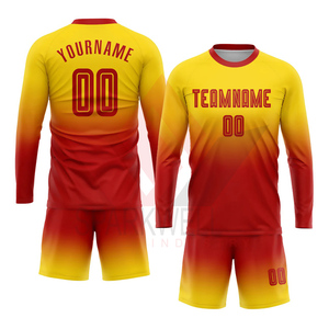 Ensemble d'uniformes de football personnalisés pour hommes, USA, maillot bleu à manches courtes, rayures jaunes dégradées, évacuation de l'humidité, antibactérien, 100% - Product Image 4