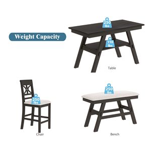 Tavolo da pranzo in legno stile rustico in 6 pezzi con ripiano con ripiano di stoccaggio comprende 4 sedie e panca per uso cucina - Product Image 2