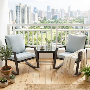 Ensemble moderne de deux fauteuils avec table à plateau en verre et base courbée pour jardin, véranda, terrasse - Product Image 1