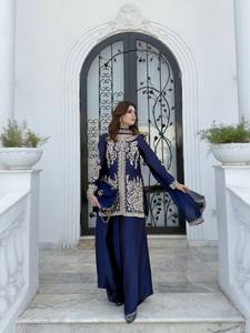 Salwar Kameez bleu brodé en soie, longue tenue nationale pour femme, manches longues, tenue de soirée formelle, mariage, Diwali, Soleil - Product Image 5