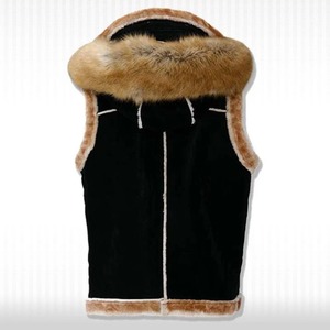 Men Black Suede Shearling Genuine <b>Leather</b> Hooded Vest <b>Sleeveless</b> <b>Jacket</b> - Product Image 2