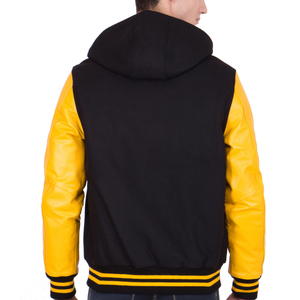 Mens Black and <b>Yellow</b> Hooded Varsity Jacket <b>Yellow</b> Leather Sleeves Letterman Bomber Jacket Casual Baseball Style Winter Warm Coa - Product Image 6