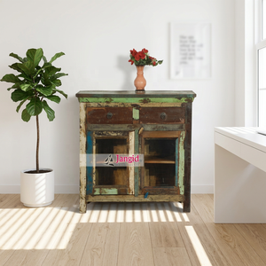 Buffets de rangement vintage en bois récupéré avec 2 tiroirs et une porte vitrée, meubles artisanaux indiens - Product Image 2