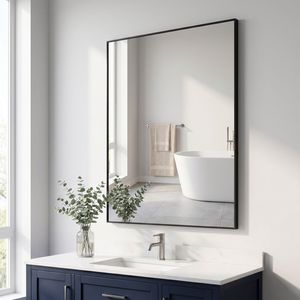 Specchio da Bagno Rettangolare con Cornice in Metallo Nero 24x36 Pollici, Montaggio a Parete - Product Image 4