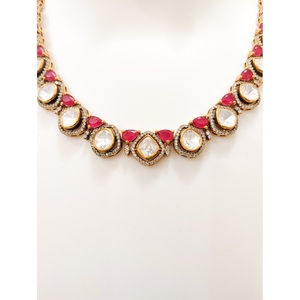 925 Silver Victorian Full Polki CZ <b>Ruby</b> Alternating Tennis <b>Necklace</b> Earring Set Indian Bridal Handmade Antique Gold Plated - Product Image 2