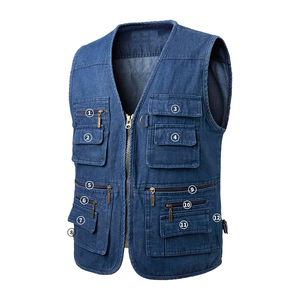Gilet en jean multi-poches coupe ajustée, style décontracté, en coton bleu respirant, style automne, taille haute, délavage clair, boutonné - Product Image 1