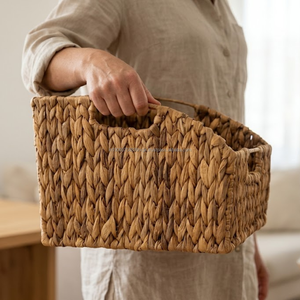 Panier à magazines en jacinthe d'eau tressé à la main avec poignées, organiseur de fichiers en osier naturel, bac de rangement pour bureau, maison, étagère, bureau - Product Image 3