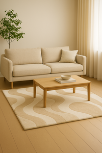 Tapis tufté à la main abstrait vague minimaliste sable et ivoire pour chambre douillette, salon et décoration de sol contemporaine - Product Image 1