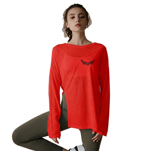 Camiseta de Yoga Holgada de Manga Larga para Mujer, Color Verde Sólido, Cuello Transpirable, Logotipo Bordado en la Parte Delantera, Ajuste de Spandex y Poliéster - Product Image 6