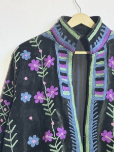 Black Velvet Floral Embroidered Suzani Jacket | Handmade Boho Folk Art <b>Coat</b> | Colorful Festival Outerwear - Product Image 2
