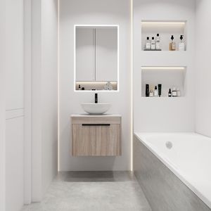 Mobile Bagno Moderno 24\" in Rovere Bianco, Montaggio a Parete, Ante con Chiusura Ammortizzata, Imballaggio KD; Top-BAB321MOWH Set Lavabo in Ceramica 2 Pezzi - Product Image 4