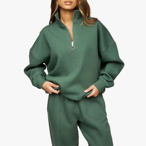 Conjunto Deportivo de Mujer, Color Verde Sólido, con Cierre de Media Cremallera, Manga Larga, Corte Holgado, Informal, 100% Algodón, Sudadera Otoñal con Bolsillos Laterales - Product Image 3