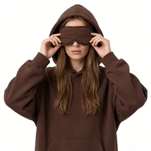 Chocolate Brown Women's Oversized <b>Sleep</b> Mask Hoodie Soft Fleece Pullover Kangaroo Pocket Drawstring Hood Casual <b>Lounge</b> Wear - Product Image 1