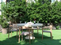 Table à manger extérieure en béton, ovale, blanche, moderne, faite à la main, étanche, extensible, avec base à double piédestal, pour usage hôtelier