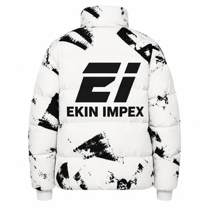 เสื้อแจ็คเก็ตบุนวมลายกราฟิกสีขาวดำสำหรับผู้ชาย พร้อมซิปเต็มตัว สไตล์สตรีทแวร์สำหรับฤดูหนาว รับผลิตแบบ OEM/ODM พร้อมสกรีนโลโก้ตามสั่ง - Product Image 2